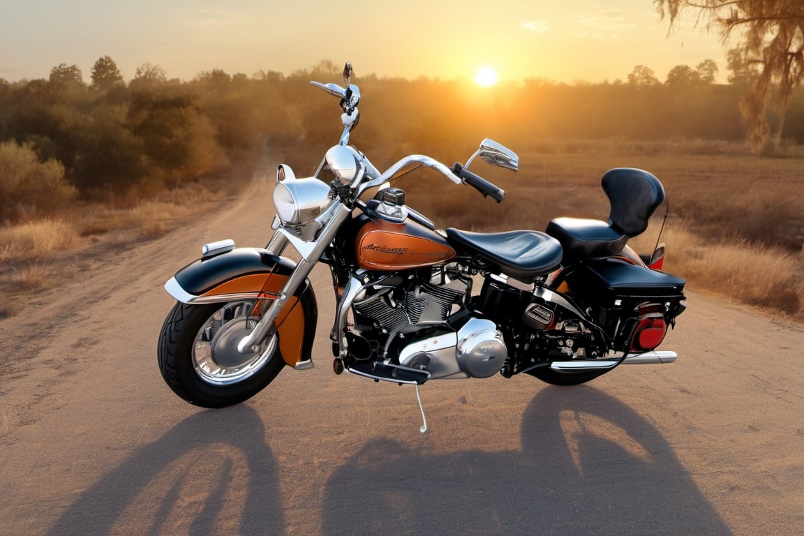 Motorcycle Model 1951, Harley-Davidson, 51 FL, Hydra-Glide, on a rural American road, moving from west to east, leaving a trail of dust on its rear wheel, photorealistic, with sunset background