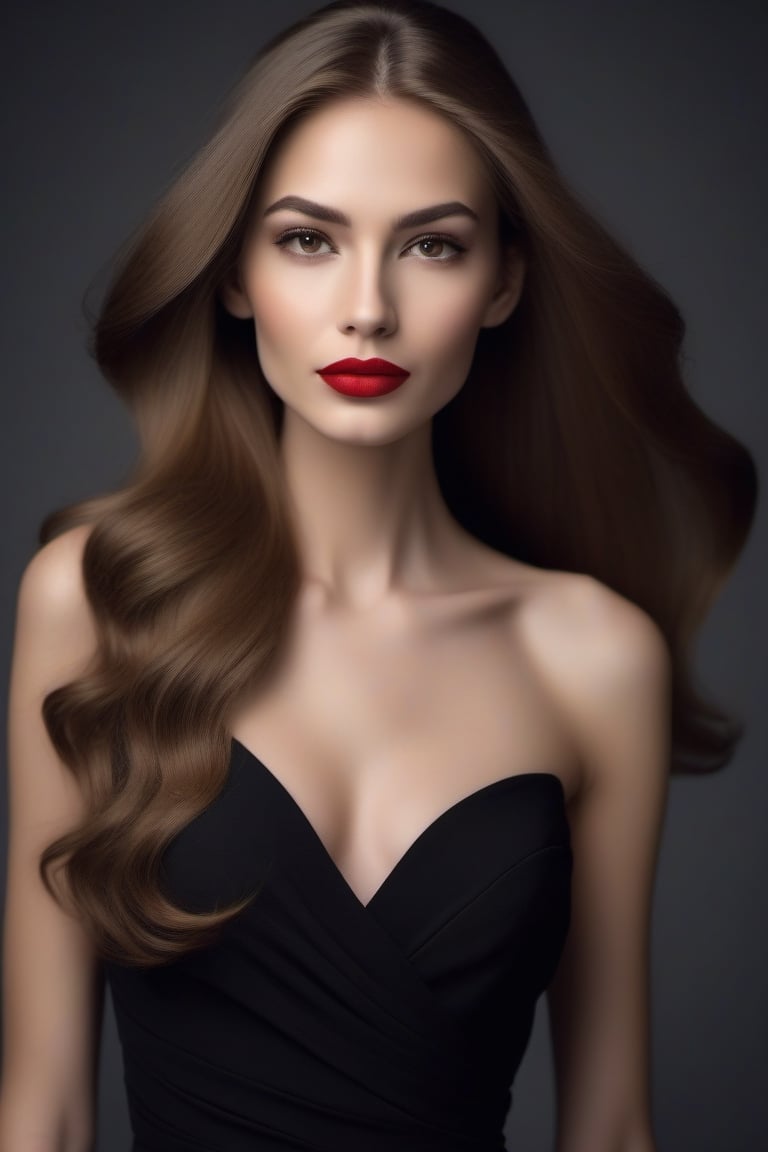 Tall and slender woman, long flowing hair, honey almond eyes, bright red lipstick, elegant black dress.