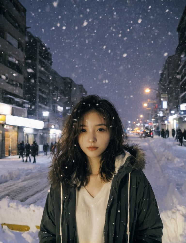 xxmixgirl, 16 year-old girl,  no deep photo, no depth of field, Superia 400, shadows, messy hair, full body, tan lines，  cotton padded jacket，white hoodie，dark, dark photo, nighttime, seductive smirk,dark street view, snowing sky，look aside，lookup，shot(from_side:1.8)，snow on hair, snow in the sky,  grainy, seductive smirk, cutegirlmix, sexy face,  full body shot, background in the city，