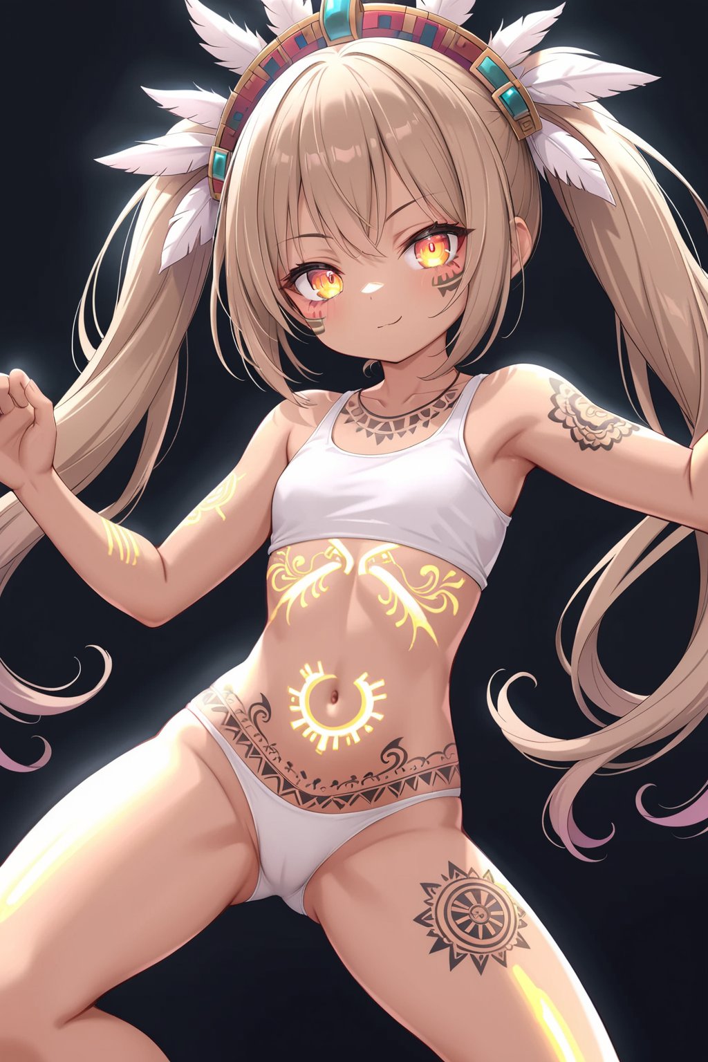 ultra aesthetic, ultra-detailed, 1girl, best quality, detailed background graffiti in México, large twintails, low large twintails, light brown skin, nice hands, only 5 fingers, medium zoom, dynamic angle, dynamic pose, shiny skin, 1solo, all aztec tattoo, arms tattoo, stomach tattoo, legs tattoo, face tattoo, all glowing tattoo, anime, Perfect Hands, bioluminescent, glowing, g0th1cxl, glowing, neon,