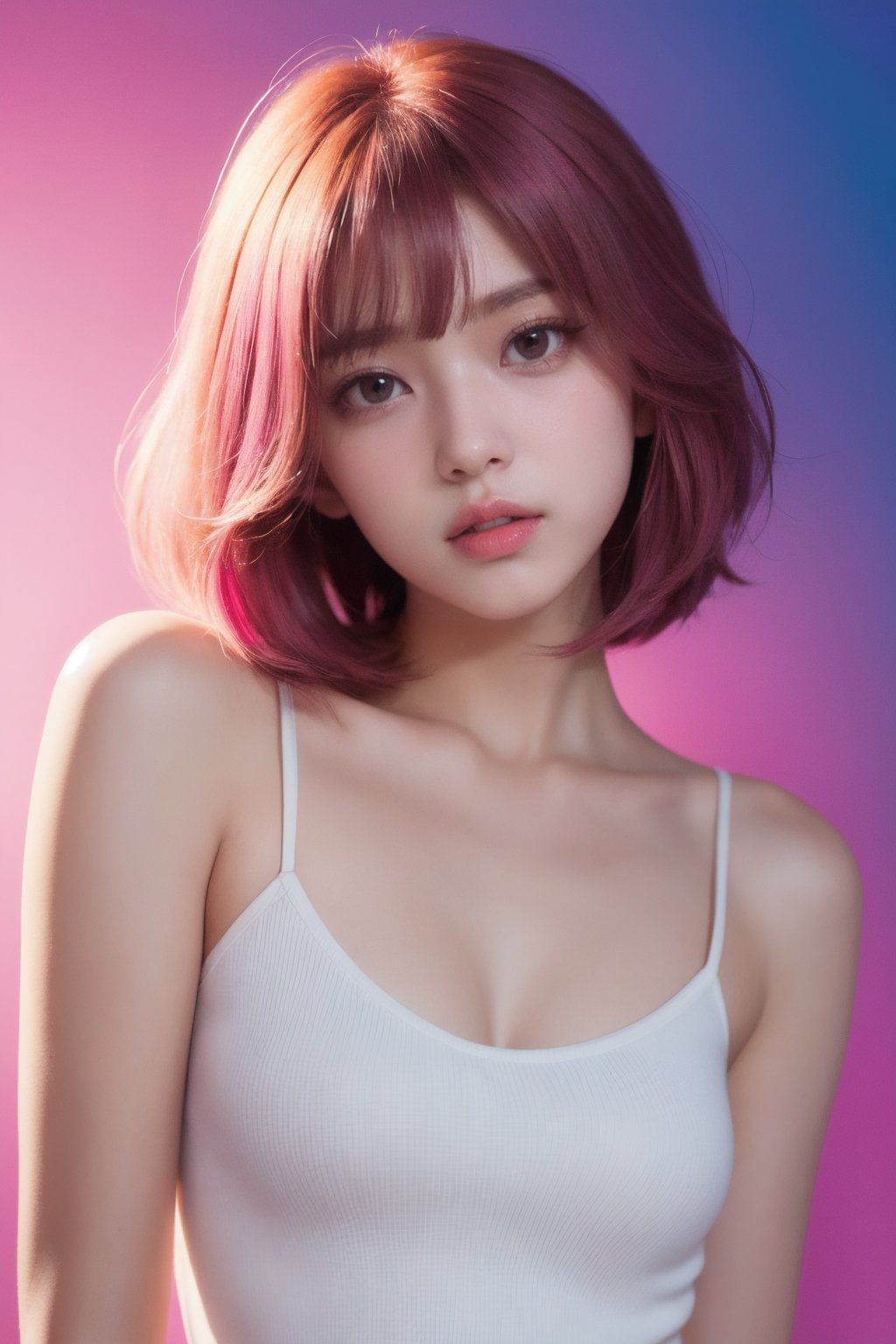 masterpiece, highest quality, Photorealistic, 4K, bokeh, enlightenment, (1 perfect portrait of a girl), (A fascinating eye for perfect detail), colorful hair, (gradient hair), (neon pink hair:1), Slim and tall body type, fantasy background, exposed bare shoulders, lean forward a little, If you look up, hair ornaments , Little head tilt, , movie lighting, camisole oversized clothes, ((seductive pose)), (neon pink background:1.1), Close up, small breast