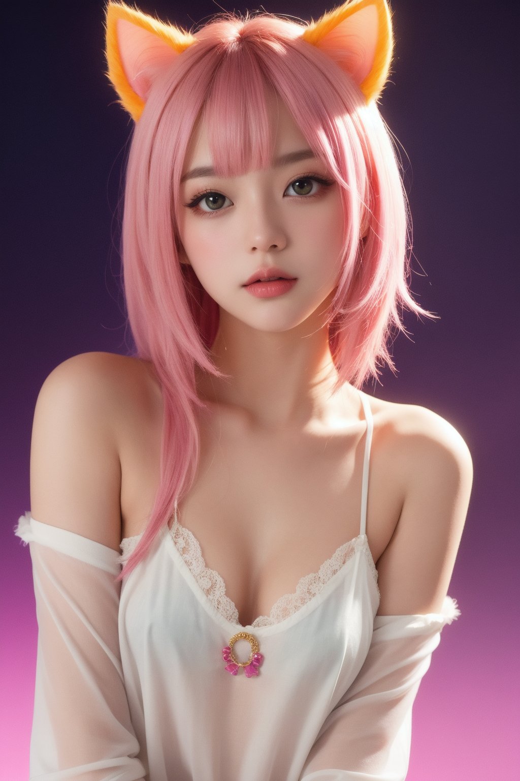 masterpiece, highest quality, Photorealistic, 4K, bokeh, enlightenment, (1 perfect portrait of a girl), (A fascinating eye for perfect detail), colorful hair, (gradient hair), (neon pink hair:1), (Cat ear:1.2), Slim and tall body type, fantasy background, exposed bare shoulders, long-term alienation sleeve, lean forward a little, If you look up, hair ornaments , Little head tilt, , movie lighting, oversized camisole, lace, ((seductive pose)), (neon pink background:1.1), Close up, small breast