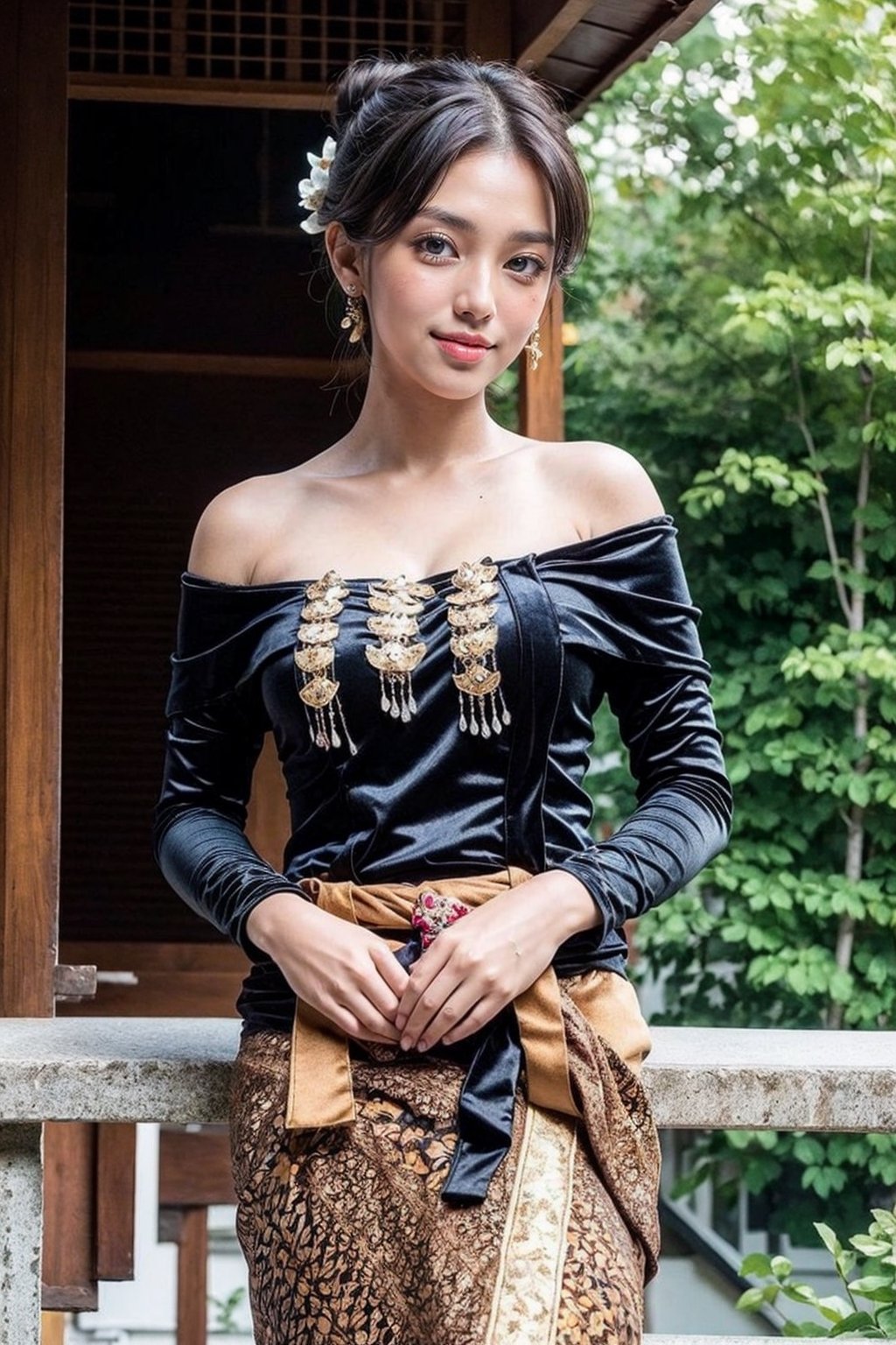 masterpiece, best quality, 16K HDR, 1 girl, solo, beautiful detailed eyes, bun, natural soft light, exquisite facial features, smile, looking at viewer, wearing off-shoulder new style Javanese clothing, elegant model pose, outdoor, Temple background,kebaya