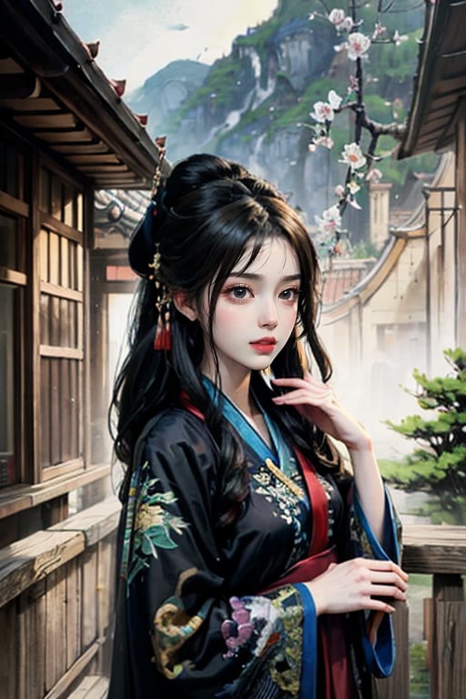 1girl, pencil sketch mixed with Chinese ink style, long brown hair, charming and beautiful face, Hanfu, ancient house background, Unreal Engine rendering, masterpiece.