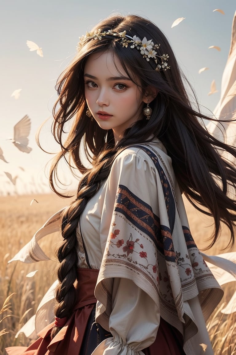 Masterpiece, top quality, 1 girl, solo, gentle, elegant, braid, headband, long skirt, shawl cape, pattern, outdoor, bangs, long hair, wind, prairie background, comic style, perfect anatomy, centered, near perfect, dynamic, highly detailed, artstation, concept art, smooth, sharp focus.,Realistic,1gir1,FOLK