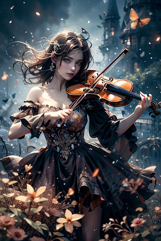 Close-up of 1 girl,  playing a violin, delicate features, solo, off-shoulder dress, dynamic pose, fantasy wonderland, butterfly, fireflies, dense fog, bright colors, ultra-high quality, ultra-high resolution, ArtStation trend, rule of thirds, Perfect composition.,CrclWc,violin