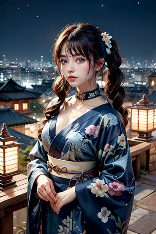 Masterpiece, best quality, super detailed, a cute girl, brown hair, twin tails, beautiful face, big indigo eyes, collarbone, collar, looking at the viewer, blue kimono, floral print, long sleeves, scenery of the summer festival ,night, rooftop, concept art, dark theme