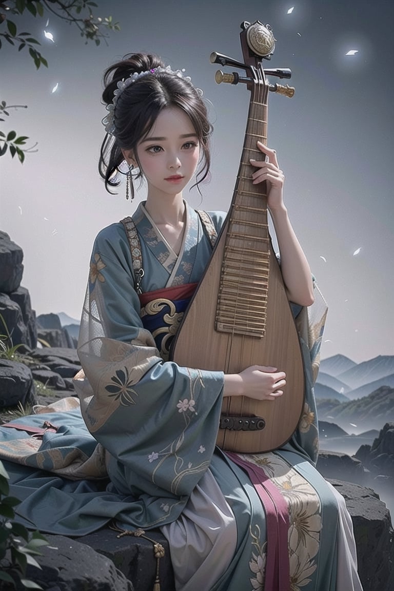 Masterpiece, top quality, best quality, official art, beautiful aesthetics, 1girl playing pipa, extremely detailed, abstract, fractal art, silver hair, colorful, supreme detail, jewelry, hanfu, landscape, ink, perfect, firefly