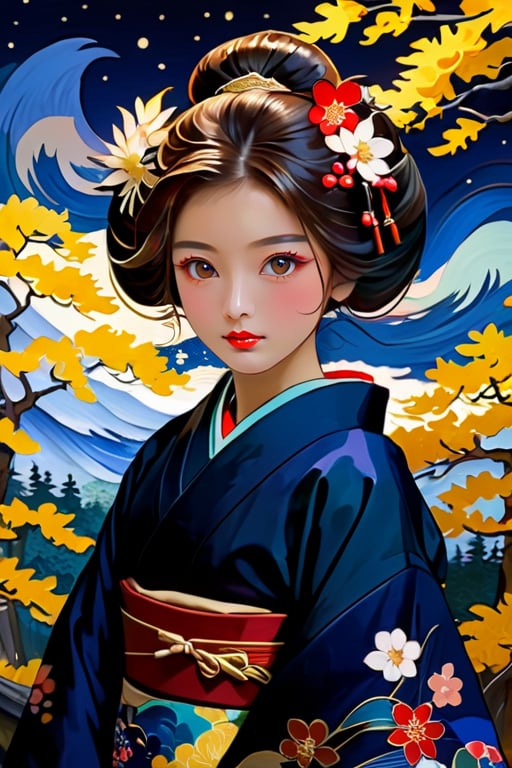 The girl wears an elegant traditional Japanese kimono decorated with intricate floral patterns in rich, deep colors. Her hair is styled in a traditional Japanese style and adorned with elaborate embellishments. Van Gogh's expressive brushstrokes create a striking contrast between detailed textile patterns and the swirling textured backgrounds of forest and night sky.