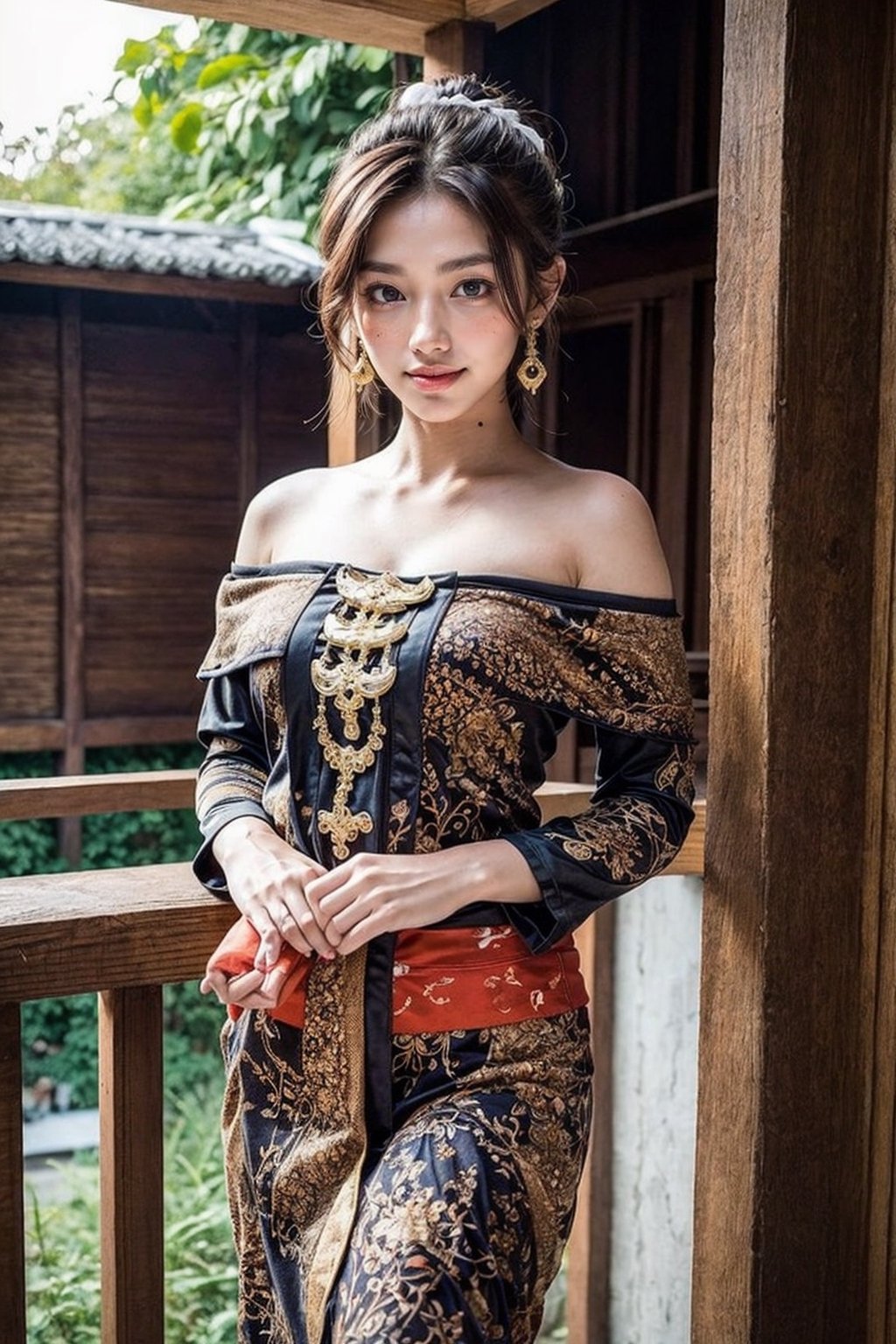 masterpiece, best quality, 16K HDR, 1 girl, solo, beautiful detailed eyes, bun, natural soft light, exquisite facial features, smile, looking at viewer, wearing off-shoulder new style Javanese clothing, elegant model pose, outdoor, Temple background,kebaya