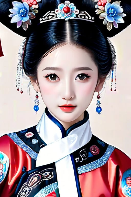 Classical beauty, 20 years old, with delicate features, thin face, big eyes, pointed chin, necklace, hair accessories, gorgeous Qing Dynasty palace costumes, looking at the camera, 3/4 view, color, pencil sketch, charcoal drawing, intricate, high resolution, High resolution, perfect proportions, perfect composition, a masterpiece.