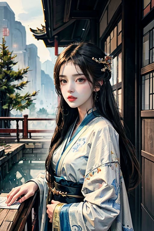 1girl, pencil sketch mixed with Chinese ink style, long brown hair, charming and beautiful face, Hanfu, ancient house background, Unreal Engine rendering, masterpiece.