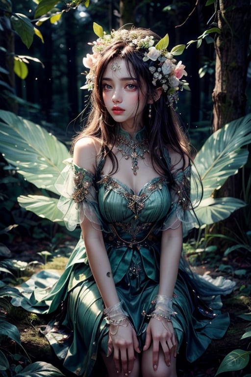 Masterpiece, detailed beautiful, close-up of dryad with transparent wings, floral skirt of leaves, sitting in a tree, looking at viewer, forest, night, highly stylized, artistry