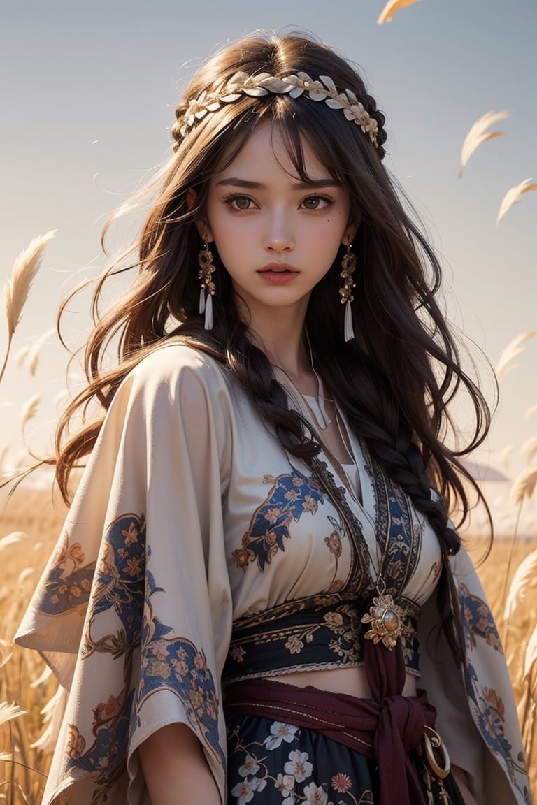 Masterpiece, top quality, 1 girl, solo, gentle, elegant, braid, headband, long skirt, shawl cape, pattern, outdoor, bangs, long hair, wind, prairie background, comic style, perfect anatomy, centered, near perfect, dynamic, highly detailed, artstation, concept art, smooth, sharp focus.,Realistic,1gir1,FOLK