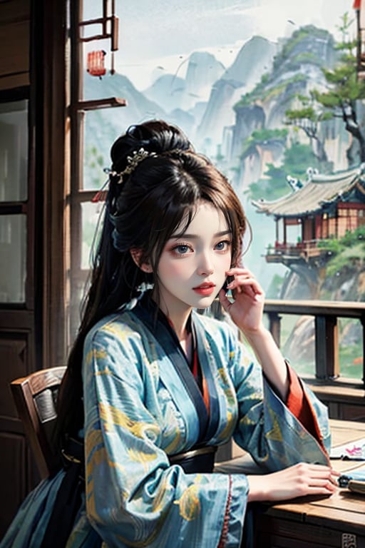 1girl, pencil sketch mixed with Chinese ink style, long brown hair, charming and beautiful face, Hanfu, ancient house background, Unreal Engine rendering, masterpiece.