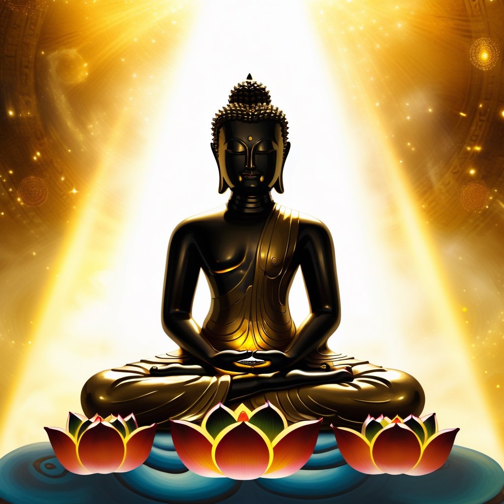 masterpiece, full body, 1 man, golden buddha, lotus position, meditation, slender body, halo background, many hands background, brightness, serene ambiance, enlightenment, zen, centerpiece more detail XL