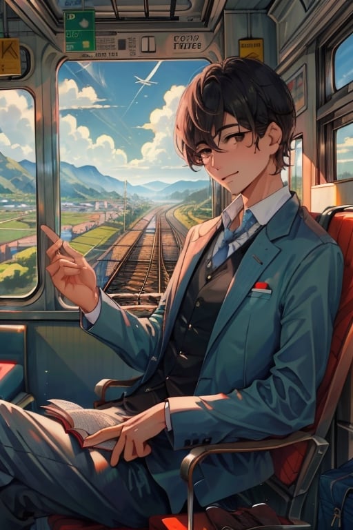 Un hombre joven viajando dentro de tren,pastelbg,cara definida,ojos definidos, masterpiece, pasajero de tren, viendo atraves de la ventana 