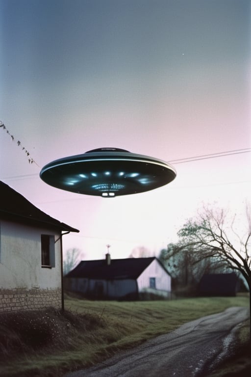 a. ufo over a small village abducting a struggling person shot on Kodak Gold 400