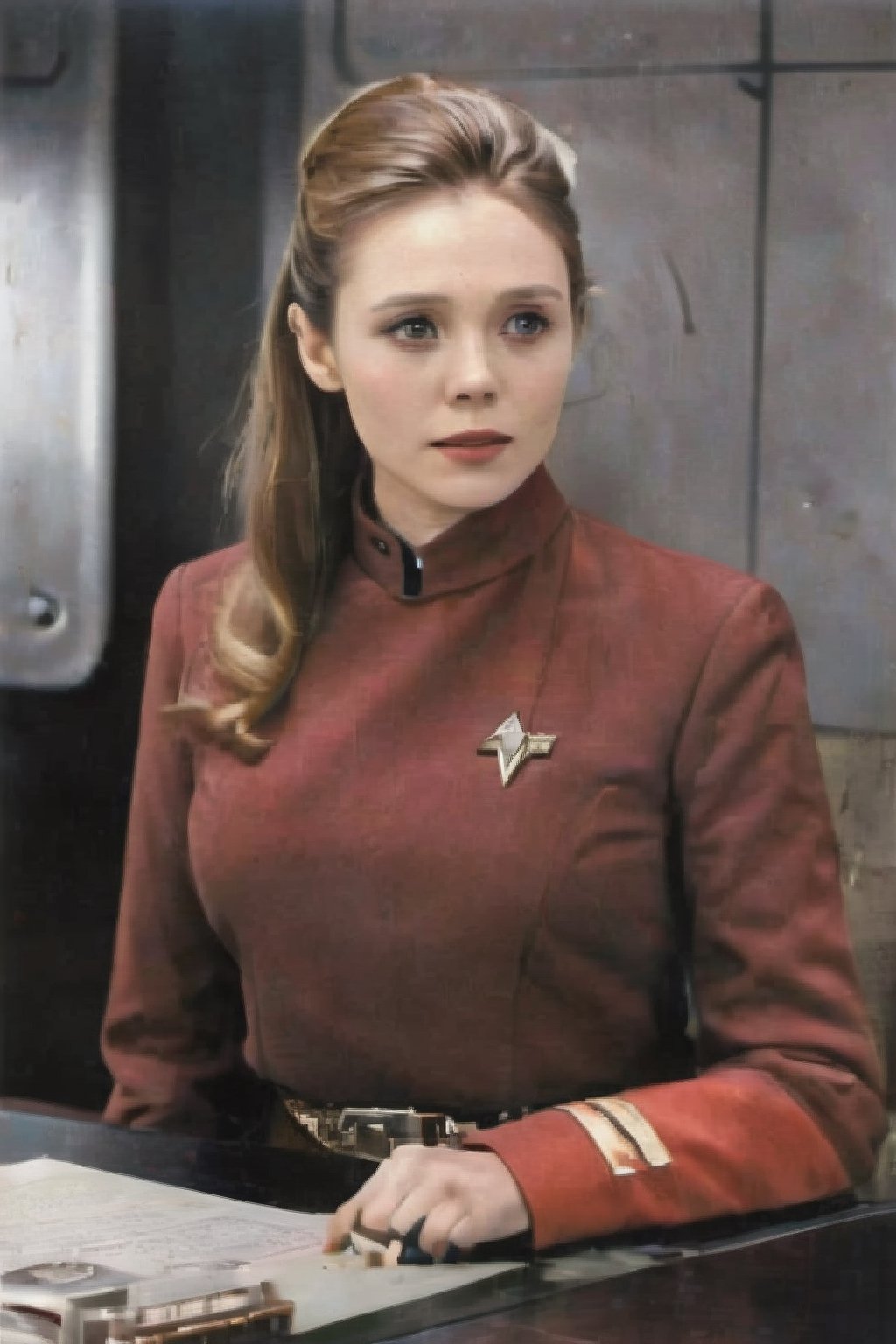 Elizabeth Olsen in a 1960s Star Trek officer in her red scant uniform as worn by Nichell Nicholls on the USS Enterprise as painted by Keith Birdsong