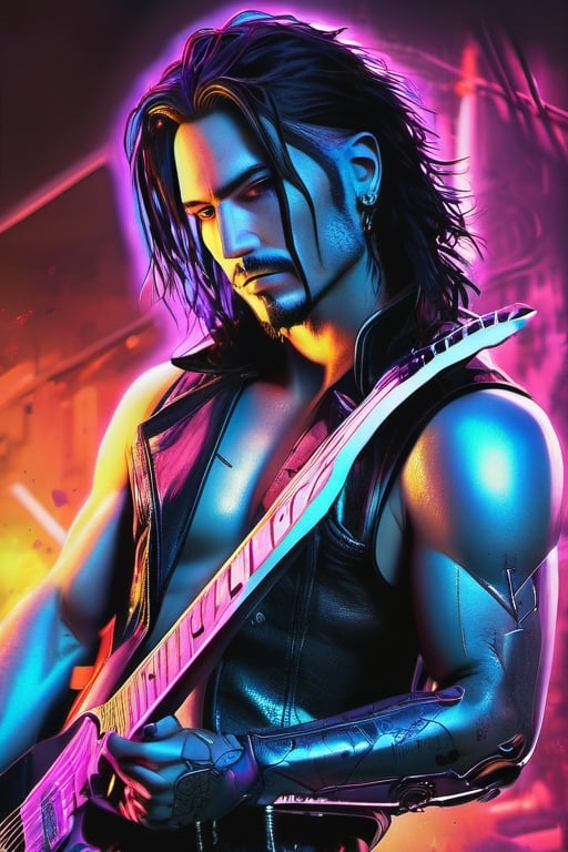 Johnny Silverhand, rockerboy cyberpunk male,  2049 neon, full body, left arm is cybernetic and chrome. Electric guitar over his shoulder behind his back. Hyperrealistic, splash art, concept art, mid shot, intricately detailed, color depth, dramatic, 2/3 face angle, side light, colorful background as shot on Kodak Gold 400