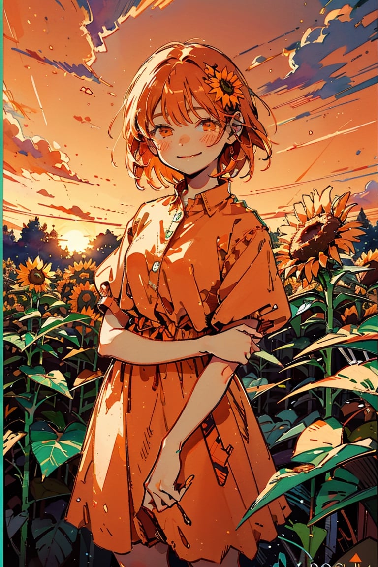 Illustration, masterpiece, 1girl, female_solo, upper_body, looking_at_viewer, orange_eyes, tangerine theme, chromatic color,watercolor,lineart, tangerine bloomers, happy vibes, orange fruit hair ornament, happy_face, perfect, short_hair, tangerine dress, tangerine hair, sunflower fields, orange skies, sunset