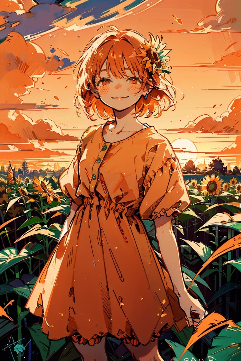 Illustration, masterpiece, 1girl, female_solo, upper_body, looking_at_viewer, orange_eyes, tangerine theme, chromatic color,watercolor,lineart, tangerine bloomers, happy vibes, orange fruit hair ornament, happy_face, perfect, short_hair, tangerine dress, tangerine hair, sunflower fields, orange skies, sunset