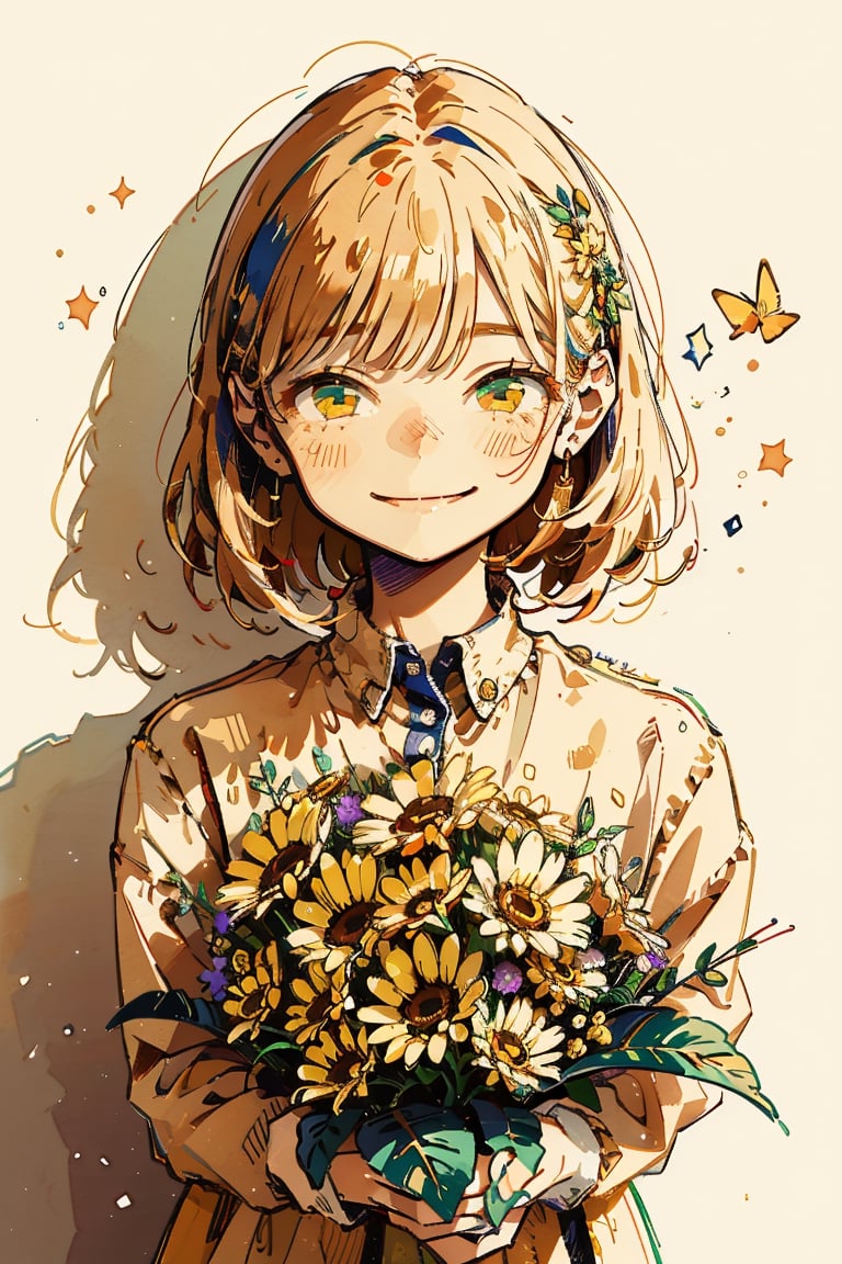 Illustration, masterpiece, 1girl, female_solo, upper_body, looking_at_viewer, golden_eyes, yellow theme, chromatic color,watercolor,lineart, :), flower_hair_ornament, basic_background,  happy_face, happiness!