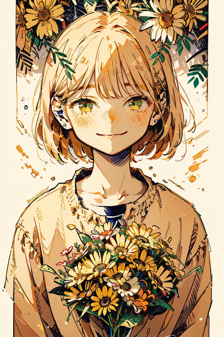 Illustration, masterpiece, 1girl, female_solo, upper_body, looking_at_viewer, golden_eyes, yellow theme, chromatic color,watercolor,lineart, :), flower_hair_ornament, basic_background,  happy_face, happiness!, yellow halftone, yellon color grading, short_hair