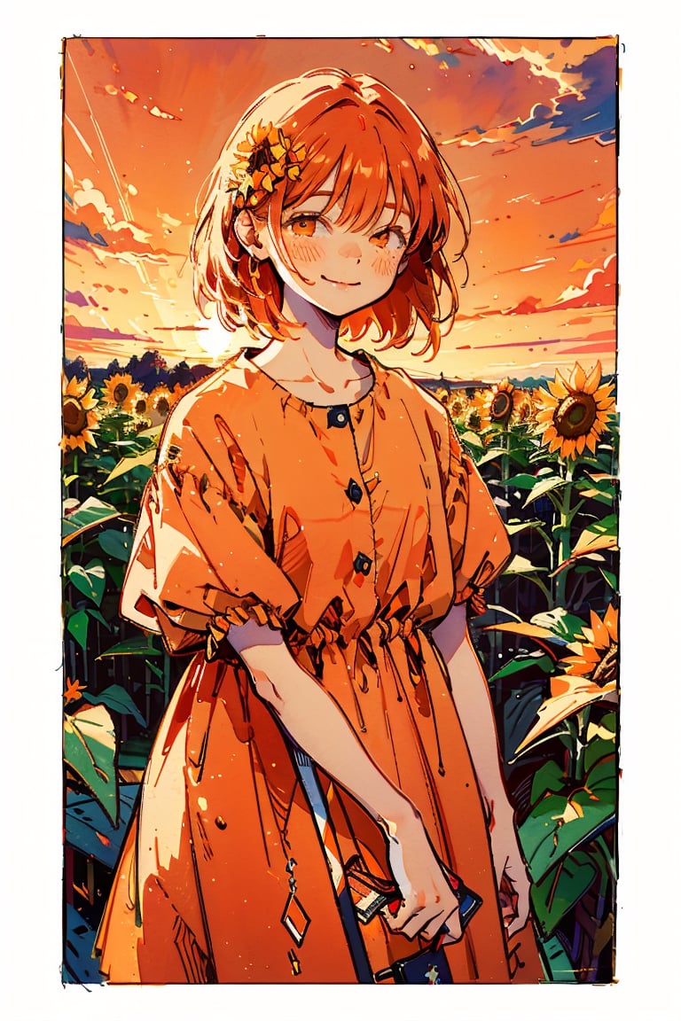 Illustration, masterpiece, 1girl, female_solo, upper_body, looking_at_viewer, orange_eyes, tangerine theme, chromatic color,watercolor,lineart, tangerine bloomers, happy vibes, orange fruit hair ornament, happy_face, perfect, short_hair, tangerine dress, tangerine hair, sunflower fields, orange skies, sunset