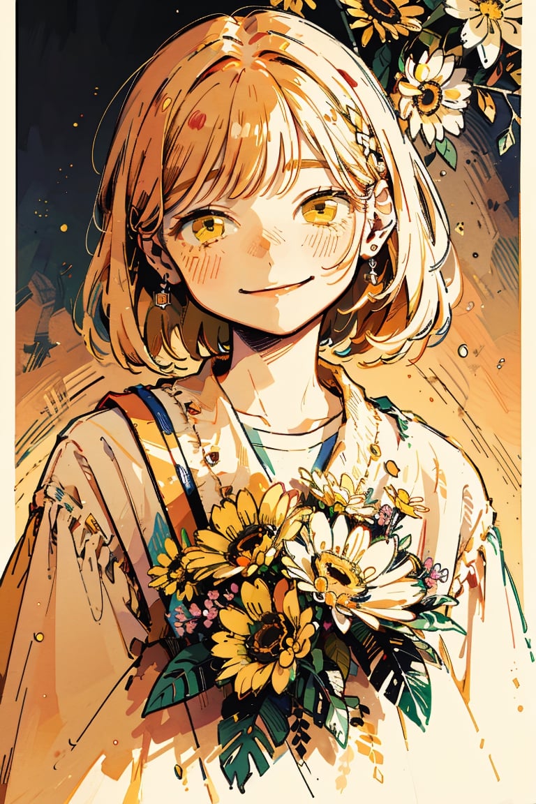 Illustration, masterpiece, 1girl, female_solo, upper_body, looking_at_viewer, golden_eyes, yellow theme, chromatic color,watercolor,lineart, :), flower_hair_ornament, basic_background,  happy_face, happiness!, yellow halftone, yellon color grading