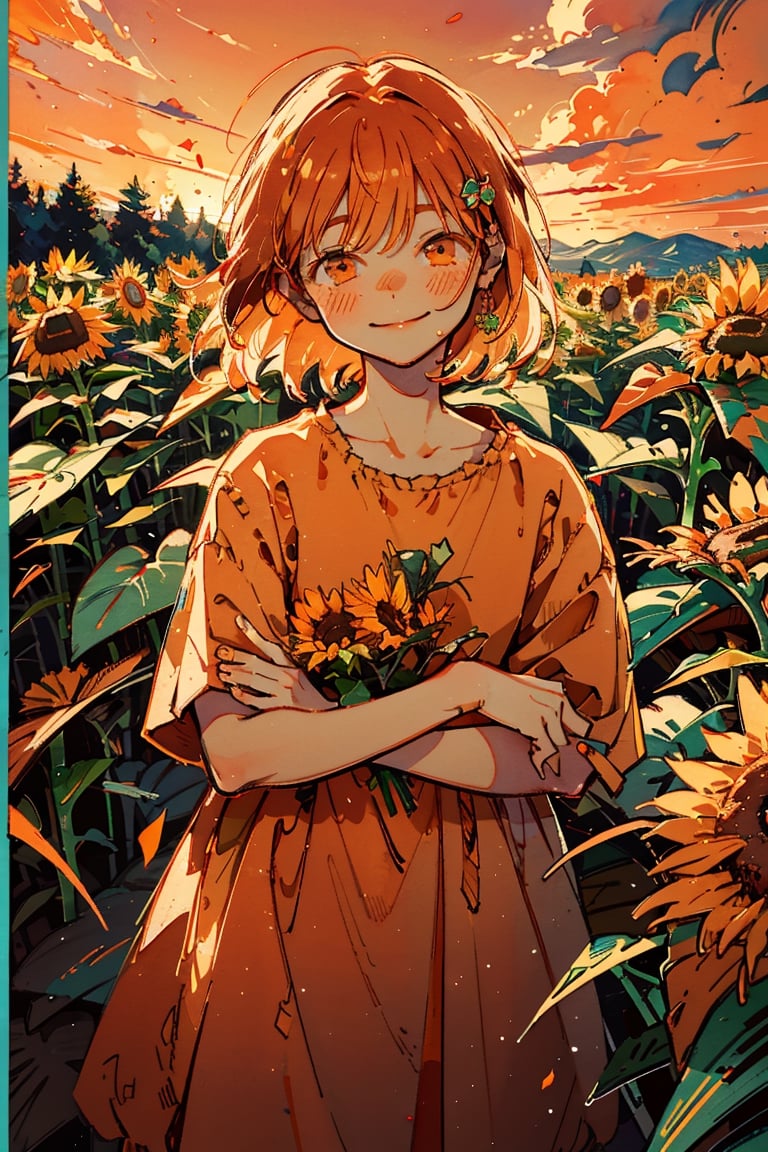 Illustration, masterpiece, 1girl, female_solo, upper_body, looking_at_viewer, orange_eyes, tangerine theme, chromatic color,watercolor,lineart, tangerine bloomers, happy vibes, orange fruit hair ornament, happy_face, perfect, short_hair, tangerine dress, tangerine hair, sunflower fields, orange skies, sunset