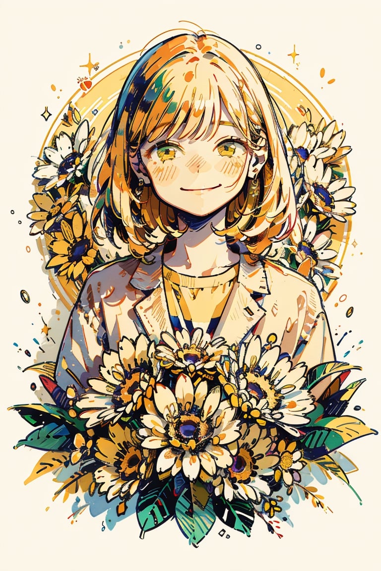 Illustration, masterpiece, 1girl, female_solo, upper_body, looking_at_viewer, golden_eyes, yellow theme, chromatic color,watercolor,lineart, :), flower_hair_ornament, basic_background,  happy_face, happiness!, yellow halftone, yellon color grading