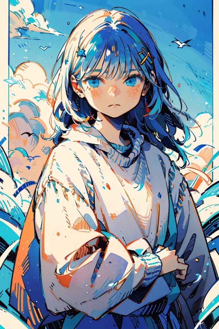 Illustration, masterpiece, 1girl, female_solo, upper_body, looking_at_viewer, blue_eyes, light blue theme, chromatic color,watercolor,lineart, blue bloomers, wavy_hair, chill vibes, skies hair ornament, serious face, perfect, long_hair, sweater