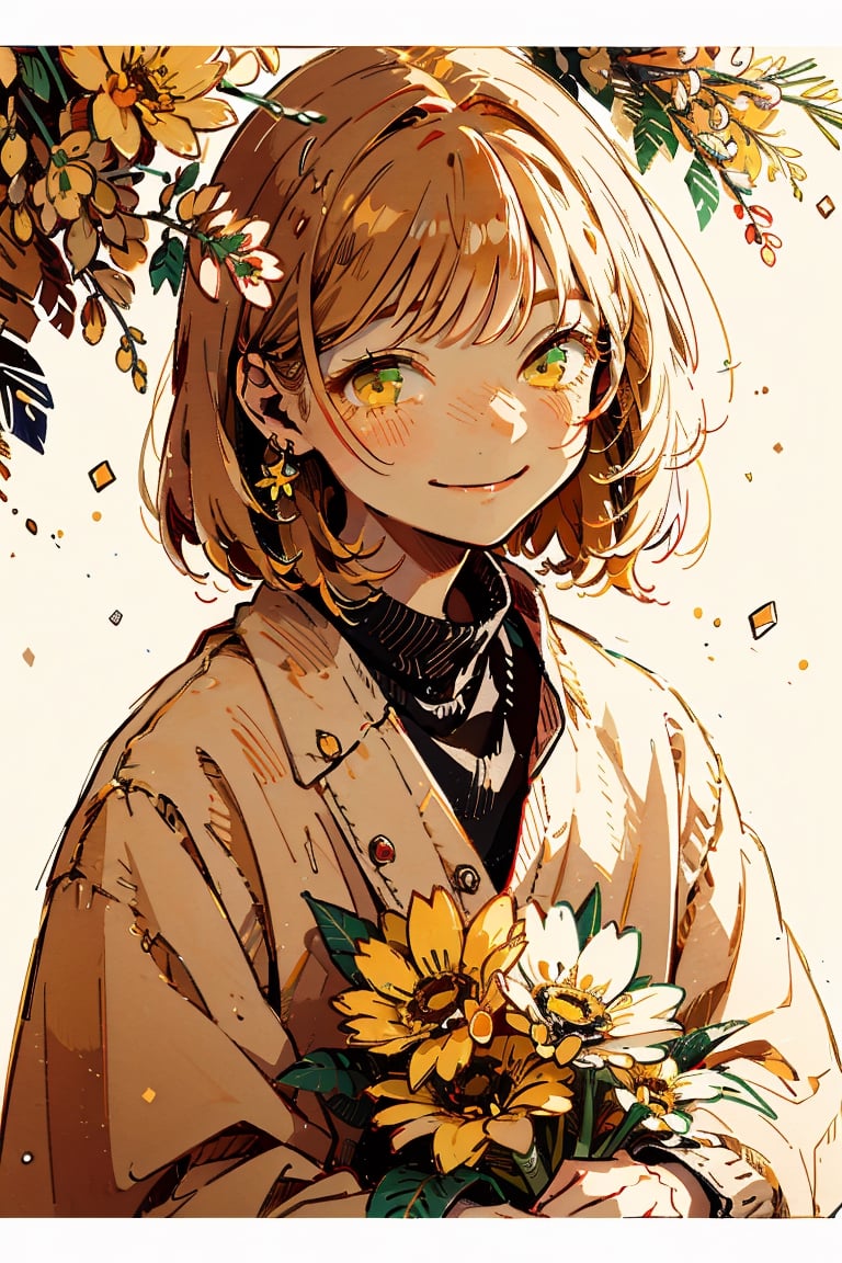 Illustration, masterpiece, 1girl, female_solo, upper_body, looking_at_viewer, golden_eyes, yellow theme, chromatic color,watercolor,lineart, :), flower_hair_ornament, basic_background,  happy_face, happiness!