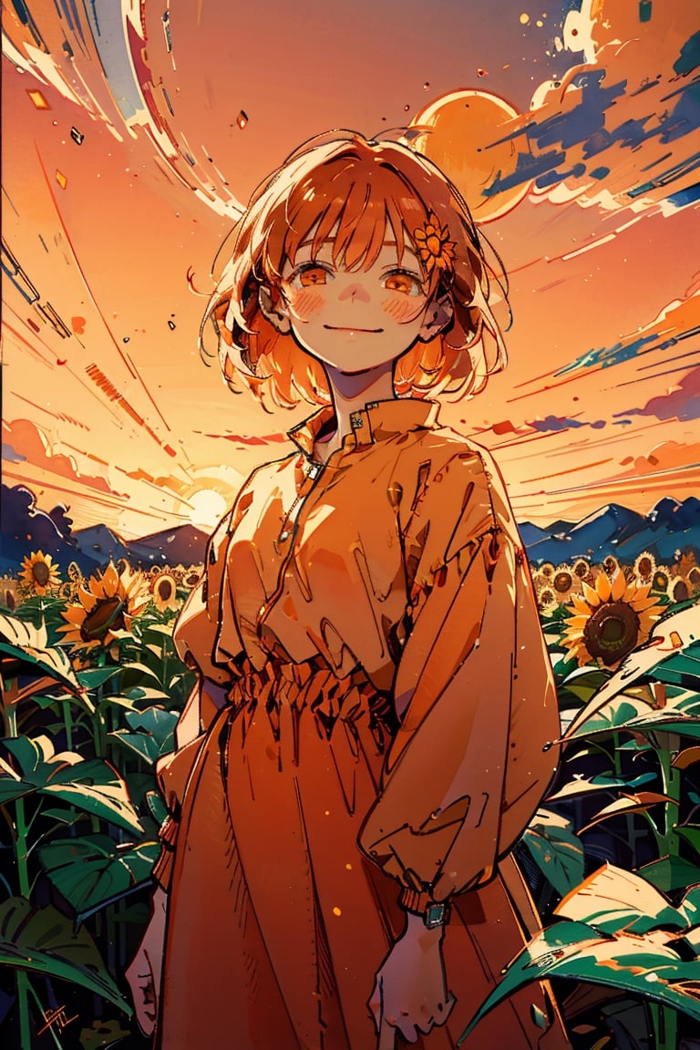 Illustration, masterpiece, 1girl, female_solo, upper_body, looking_at_viewer, orange_eyes, tangerine theme, chromatic color,watercolor,lineart, tangerine bloomers, happy vibes, orange fruit hair ornament, happy_face, perfect, short_hair, tangerine dress, tangerine hair, sunflower fields, orange skies, sunset