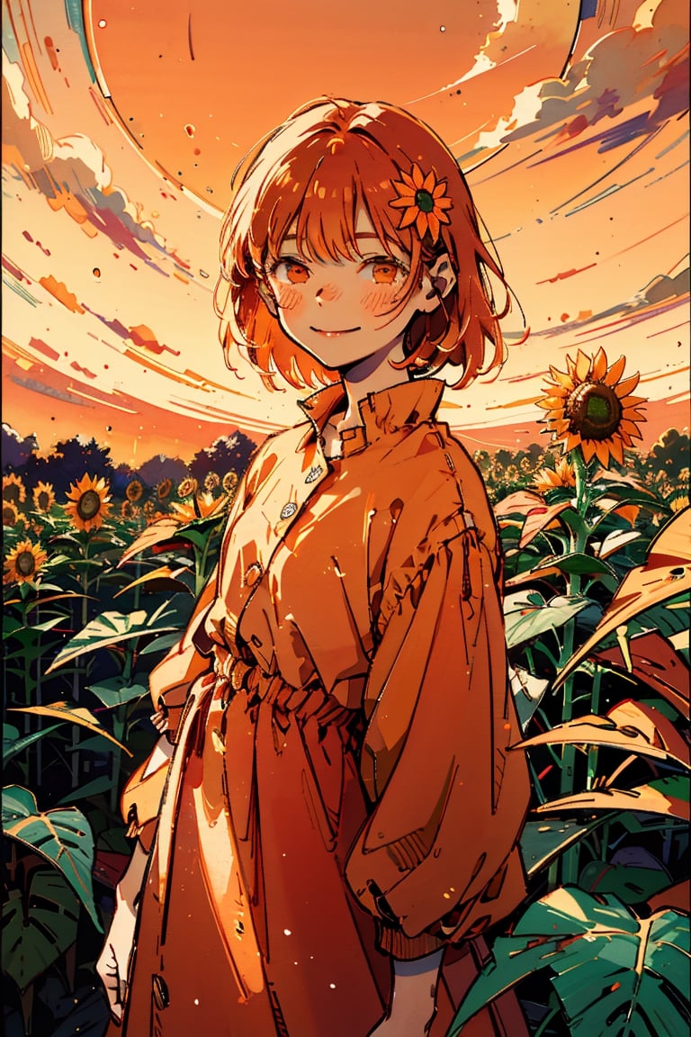 Illustration, masterpiece, 1girl, female_solo, upper_body, looking_at_viewer, orange_eyes, tangerine theme, chromatic color,watercolor,lineart, tangerine bloomers, happy vibes, orange fruit hair ornament, happy_face, perfect, short_hair, tangerine dress, tangerine hair, sunflower fields, orange skies, sunset