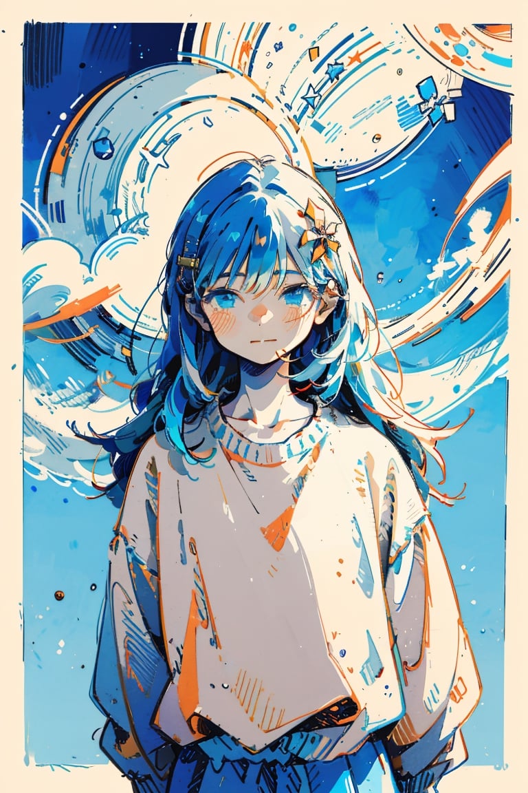 Illustration, masterpiece, 1girl, female_solo, upper_body, looking_at_viewer, blue_eyes, light blue theme, chromatic color,watercolor,lineart, blue bloomers, wavy_hair, chill vibes, skies hair ornament, timid face, perfect, long_hair, sweater, light_blue_hair