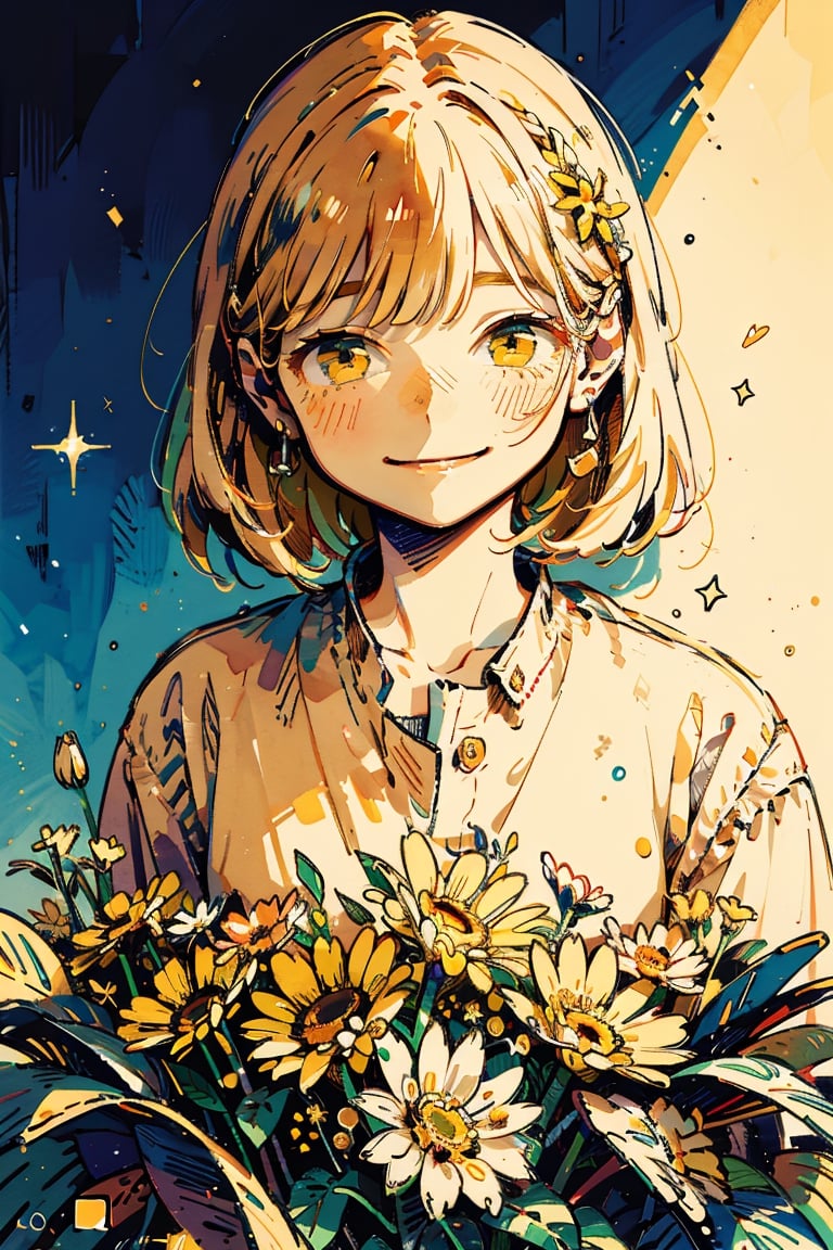 Illustration, masterpiece, 1girl, female_solo, upper_body, looking_at_viewer, golden_eyes, yellow theme, chromatic color,watercolor,lineart, :), flower_hair_ornament, basic_background,  happy_face, happiness!, yellow halftone, yellon color grading