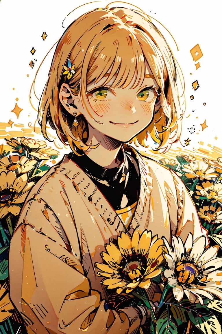 Illustration, masterpiece, 1girl, female_solo, upper_body, looking_at_viewer, golden_eyes, yellow theme, chromatic color,watercolor,lineart, :), flower_hair_ornament, basic_background,  happy_face, happiness!, yellow halftone, yellon color grading, short_hair