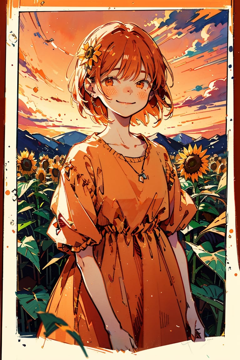 Illustration, masterpiece, 1girl, female_solo, upper_body, looking_at_viewer, orange_eyes, tangerine theme, chromatic color,watercolor,lineart, tangerine bloomers, happy vibes, orange fruit hair ornament, happy_face, perfect, short_hair, tangerine dress, tangerine hair, sunflower fields, orange skies, sunset