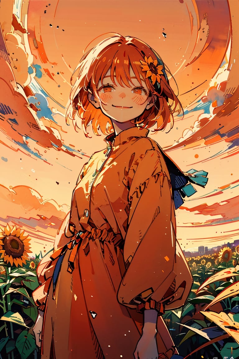 Illustration, masterpiece, 1girl, female_solo, upper_body, looking_at_viewer, orange_eyes, tangerine theme, chromatic color,watercolor,lineart, tangerine bloomers, happy vibes, orange fruit hair ornament, happy_face, perfect, short_hair, tangerine dress, tangerine hair, sunflower fields, orange skies, sunset