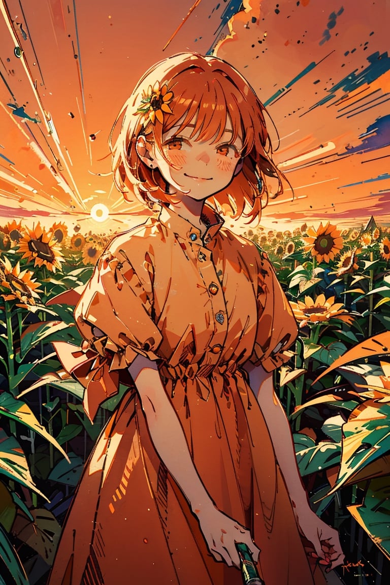 Illustration, masterpiece, 1girl, female_solo, upper_body, looking_at_viewer, orange_eyes, tangerine theme, chromatic color,watercolor,lineart, tangerine bloomers, happy vibes, orange fruit hair ornament, happy_face, perfect, short_hair, tangerine dress, tangerine hair, sunflower fields, orange skies, sunset