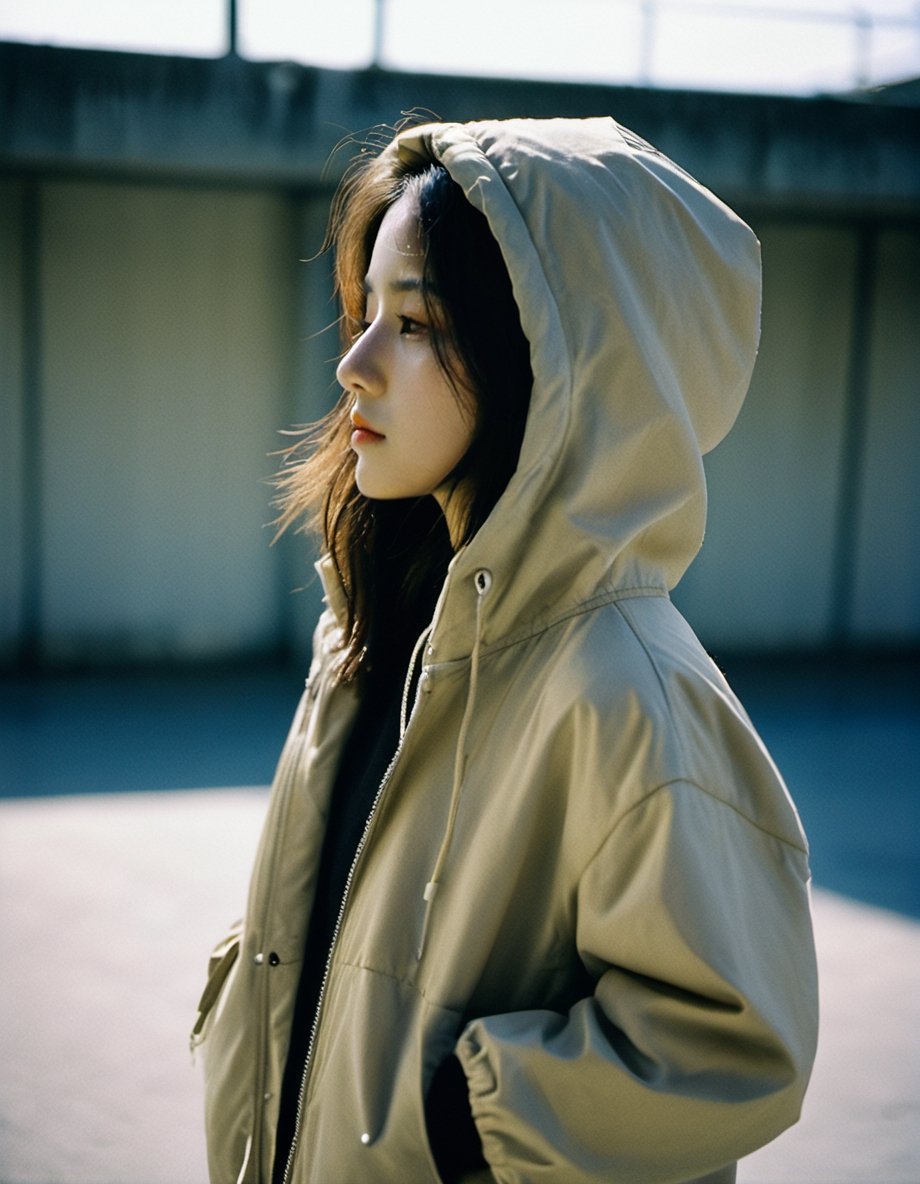 xxmixgirl, 16 year-old girl,  deep photo, depth of field, Superia 400, shadows, messy hair, full body, tan lines,  cotton padded jacket,hoodie,look aside,shot(from_side:1.6)