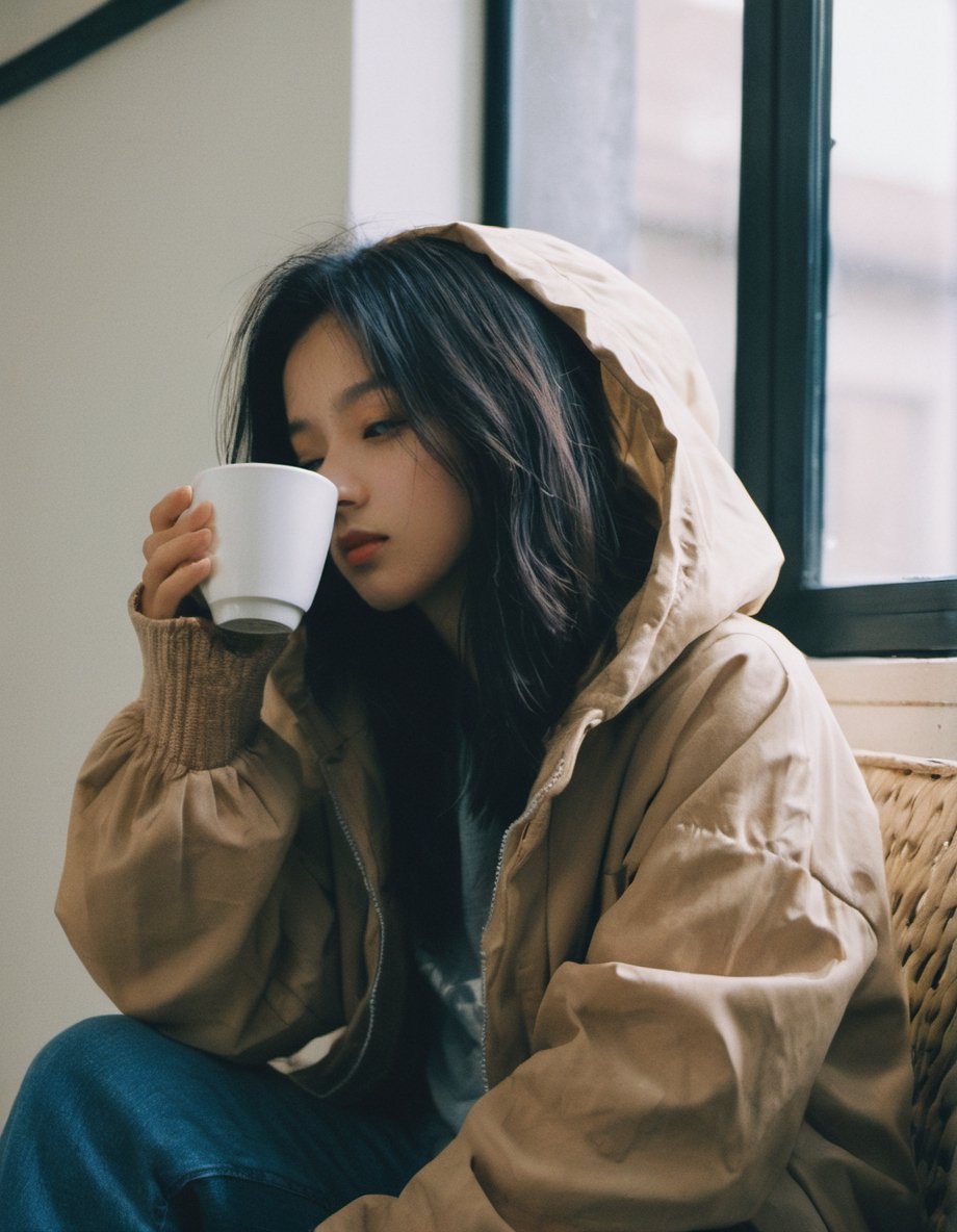 xxmixgirl, 16 year-old girl,  deep photo, depth of field, Superia 400, shadows, messy hair, full body, tan lines,  cotton padded jacket,hoodie, look aside, shot(from_side:1.9), drinking coffee 