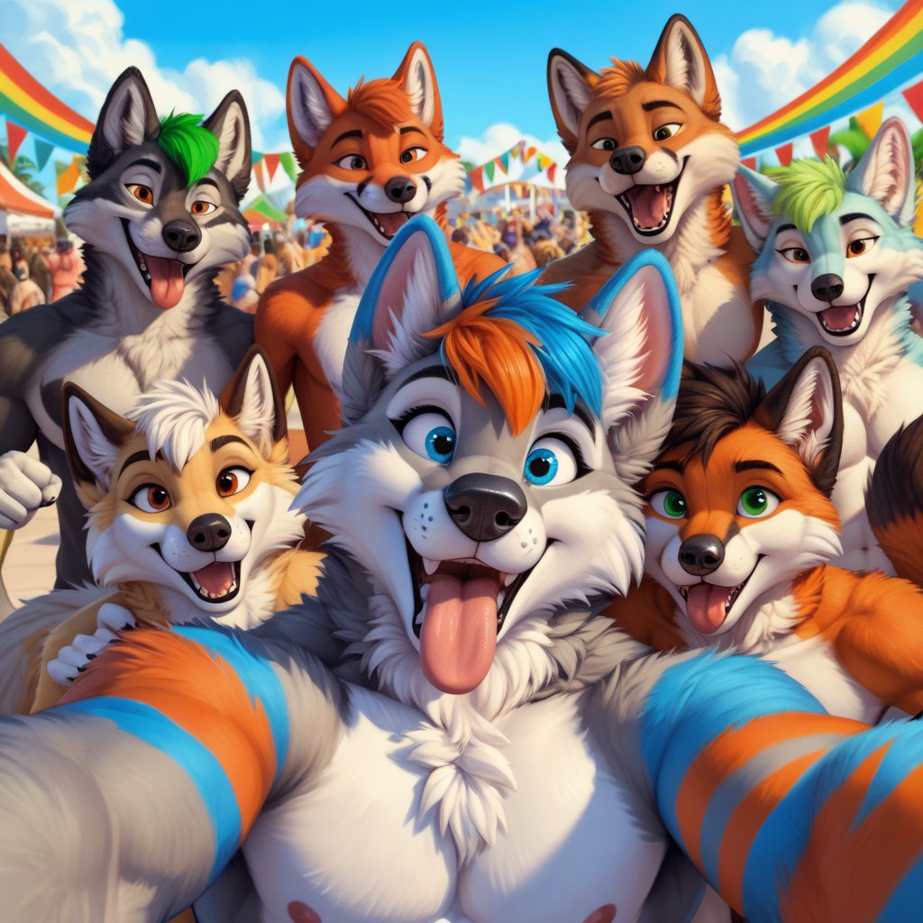 score_9, score_8_up, score_7_up, score_6_up, score_5_up, score_4_up, source_furry, BREAK, furry, anthro, detailed face eyes and fur, {Animal Type}, A vibrant and cheerful scene depicting a group of diverse muscular furry characters, including wolves, foxes, and other anthropomorphic animals. They are all posing for a camera with big smiles, some playfully sticking their tongues out. The background is colorful and festive, capturing the joyful spirit of a furry gathering or convention. Each character has distinct fur patterns and colors, showcasing their unique personalities, wearing casual clothing and accessories. The atmosphere is lively and welcoming, perfect for celebrating friendship within the furry fandom. 