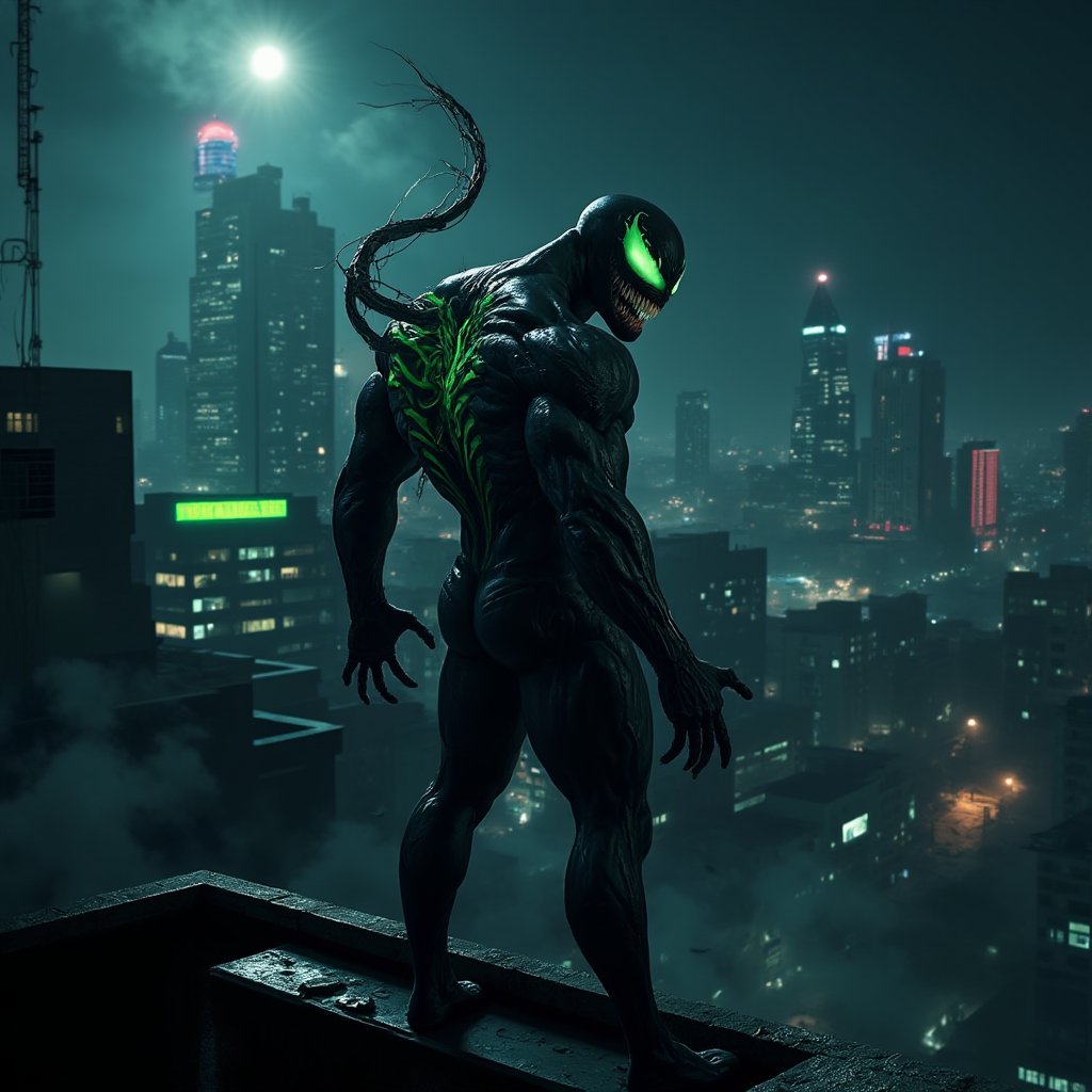 A shot of Venom's eerie green eyes glowing in the dark, with a cityscape backdrop of neon lights and towering skyscrapers. The symbiote-covered superhero, Venom stands menacingly on a rooftop ledge, with his back to the camera, ready to pounce like a wild animal, his muscles tense as he surveys the urban landscape. A faint hint of fog creeps in from the left, adding an air of mystery to the scene.