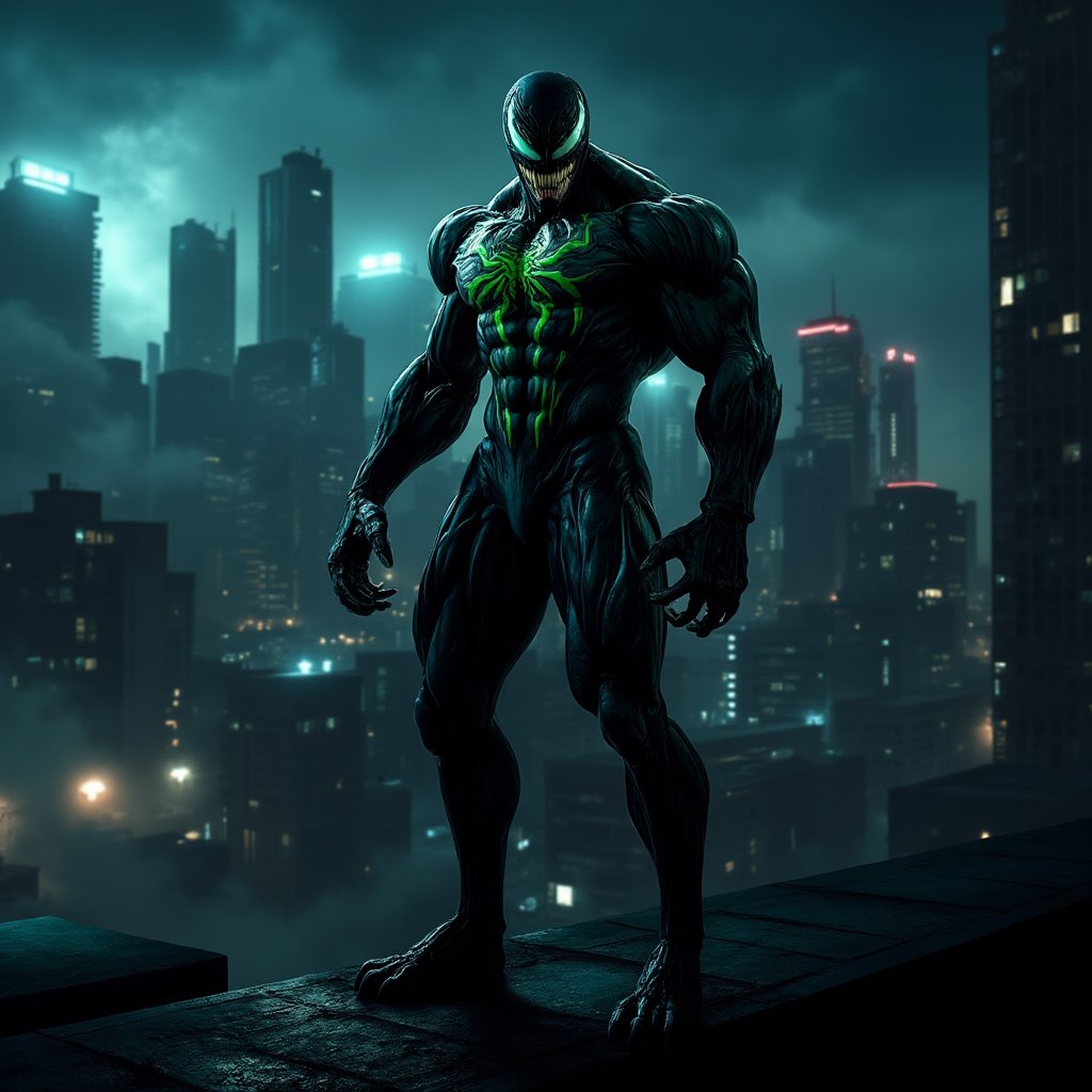 A shot of Venom's eerie green eyes glowing in the dark, with a cityscape backdrop of neon lights and towering skyscrapers. The symbiote-covered superhero, Venom stands menacingly on a rooftop ledge, his muscles tense as he surveys the urban landscape. A faint hint of fog creeps in from the left, adding an air of mystery to the scene.