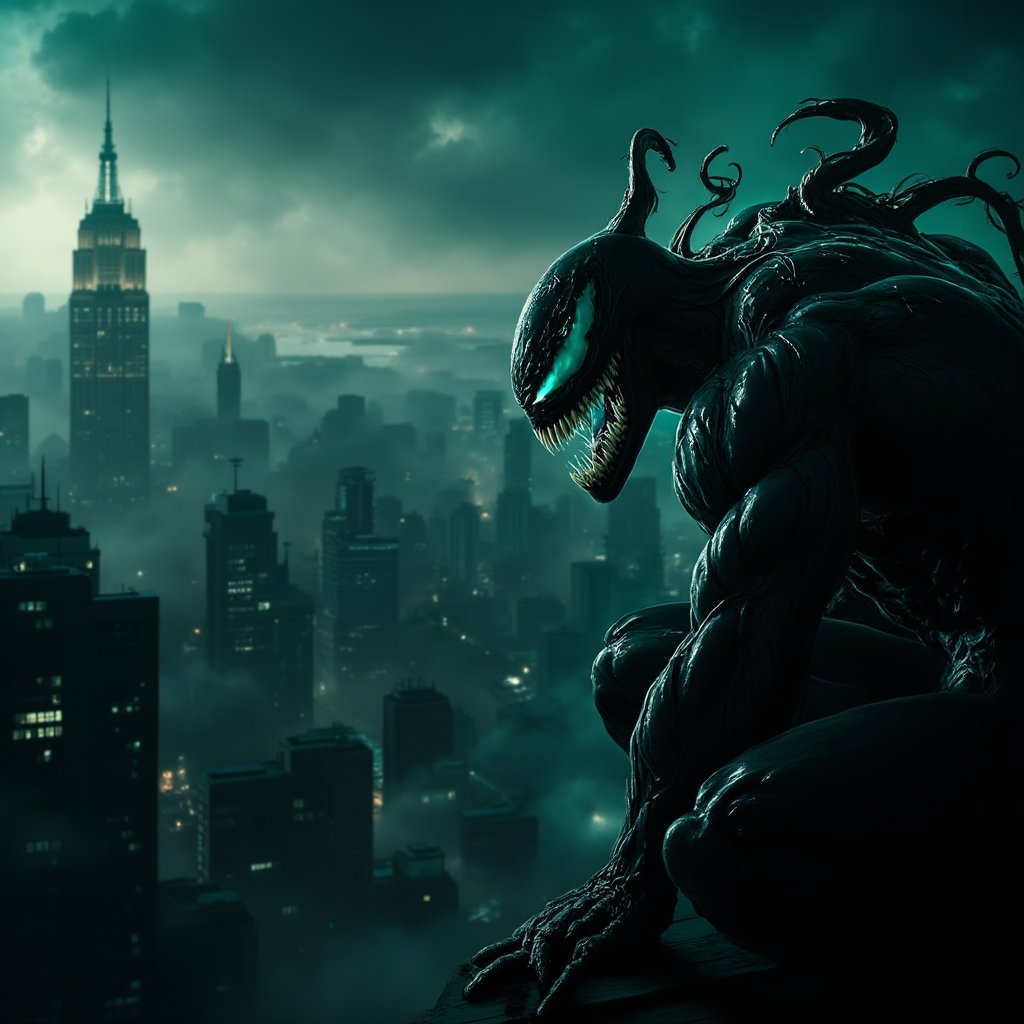 A dramatic, firmly perspective shot radiantly showcasing Venom's penetrating, emerald eyes aglow in the gloom, against a breathtaking backdrop of towering, illuminated metropolitan structures. Eddie Brock, the human host of the symbiote, perches militantly on an elevated rooftop ledge, his physique tense as he scrutinizes the urban skyline from a perspective that radically challenges the norm. A subtle veil of mist encroaches imperceptibly from the left-hand side, wrapping the scene in a thrilling, air of shrouded enigma.