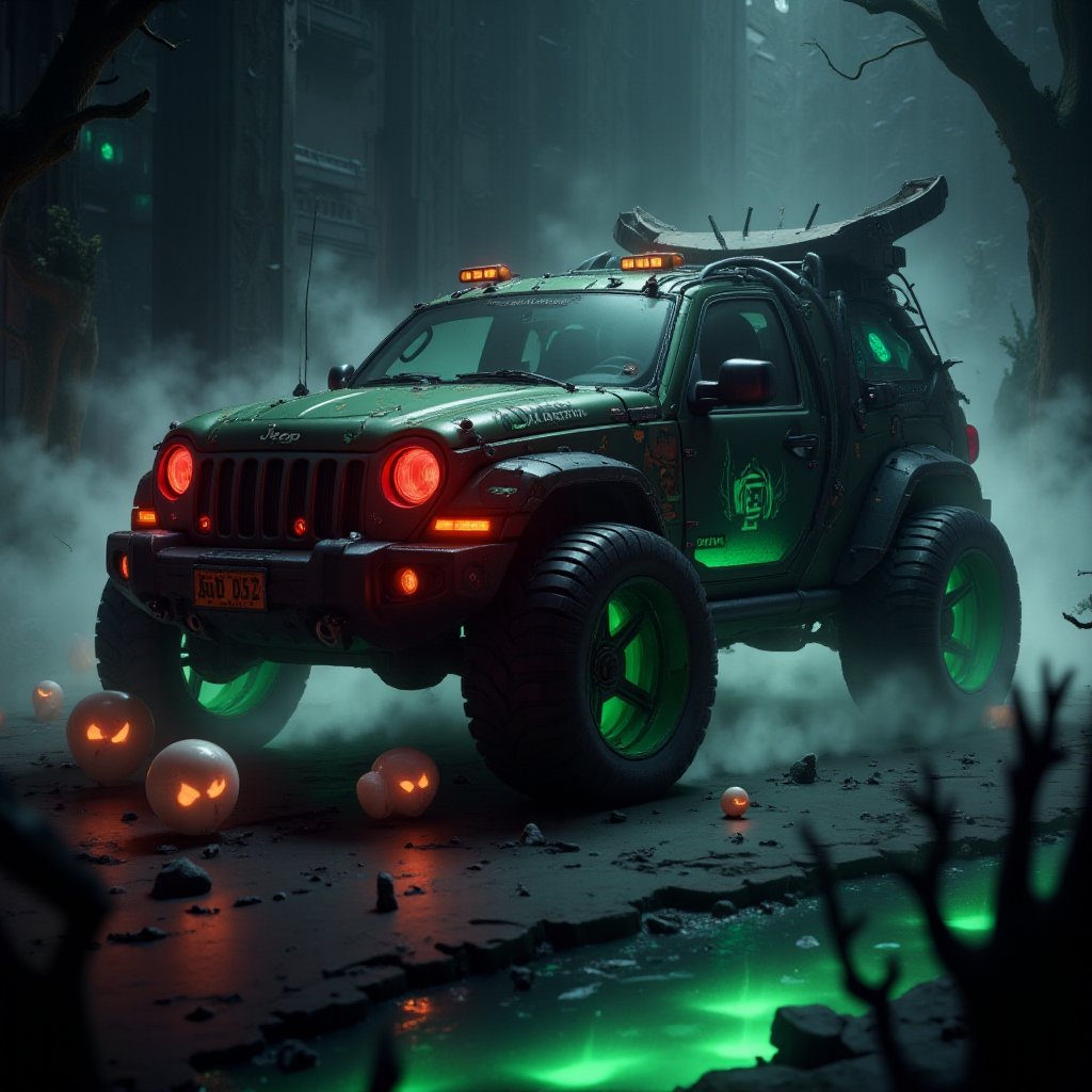 a photo of a 2003 scifi iJeep Liberty, in the style of hall0w33n. Ghosts and gouls surround the Jeep, green smoke fills the air, the headlights are bright red.