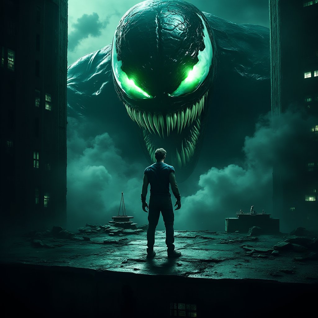 A highly detailed, cinematic perspective of Venom's palpable and terrifying green eyes shining in the dimly lit city queue, accompanied by the vibrant, gleaming lines and tall silhouettes of urban skyscrapers. Upon a rooftop, the amalgamated power of Venom and Eddie Brock stand ominously, reflected in the stone abandonment. A remote cloud drifts in from the frame, courtesy, it seems, of a marching fog leaking in from the edge. AVRCA judges your rendition of terror queue special.